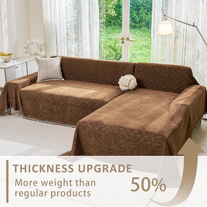 VANJOROY Couch Chair Cover, Armchair for 1 Cushion Couch, Washable Chenille Sofa Cover Protector Soft Sofa Slipcovers for Pets Dog with Tassel,71"x 91" Brown - Image 4