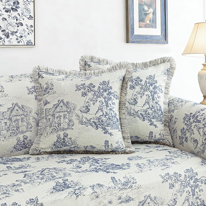 Loom and Mill Luxury Jacquard Toile Sofa Couch Covers, Blue, 71"x118" | French Country Style Sofa Throw Cover with Tassels for 2-3 Cushion Couch, Sectional Couch Cover Sofa Slipcover for Dogs Pets - Image 5
