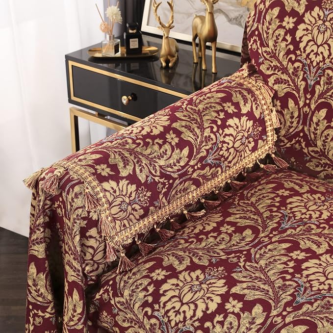 Loom and Mill Luxury Jacquard Sofa Arm Covers 2 PCS, Burgundy Red, 14x14in | Elegant Damask Couch Armrest Cover with Tassels, Non-Slip Furniture Protector for Chair Sofa Recliners Couch Dogs Pets - Image 2