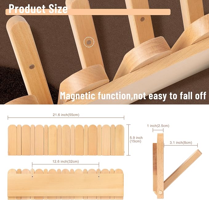 Wall Coat Rack for Entryway: Folding Wood Modern Heavy Duty 8 Hooks | 21.6'' Wall Mounted for Boho Home Decor Bathroom Bedroom Hallway for Hanging Towel Jacket Backpack Bag - Image 2