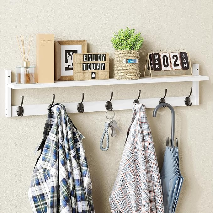 BAMEOS 35" L Wall Hooks with Shelf, Entryway Coat Hooks, Wood Wall Hanging Shelf, Wall-Mounted Coat Rack with 7 Dual Metal Hooks for Bathroom, Kitchen, Living Room, Bedroom (White) by BAMEOS