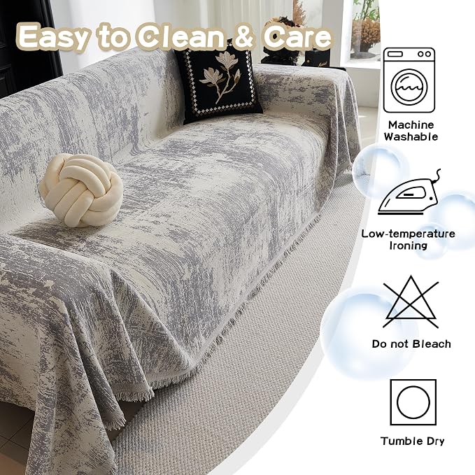 MEETSKY Boho Couch Cover for 2 Cushion Couch Sofa, Chenille Sofa Cover for Sectional Sofa, Modern Khaki Abstract Jacquard Sofa Covers Washable Sofa Slipcover for Pets Friendly, 91" X118", Light Grey - Image 8