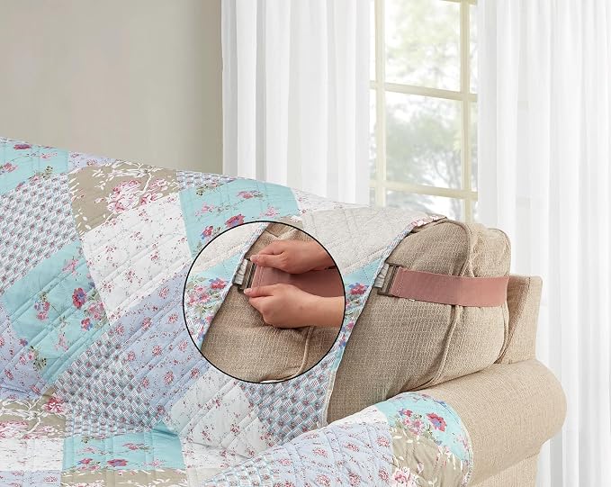 Brilliant Sunshine Blue & Green Roses Loveseat Cover, 54" seat | Non Slip Sofa Cover, Patchwork Design, Quilted Furniture Protector, Large Washable Love Seat Slipcover for Pets, Dogs & Cats - Image 4