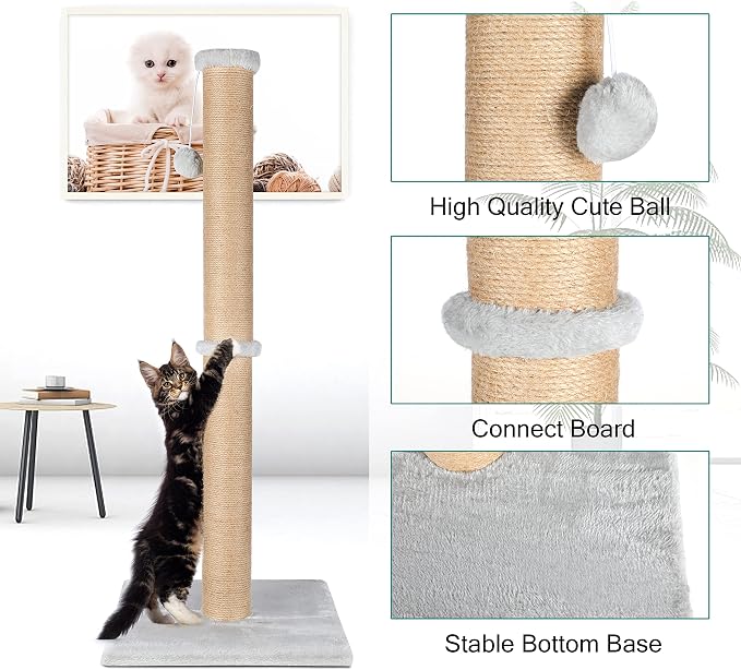 FluffyDream 37'' Cat Scratching Post, Natural Sisal Rope Scratcher with Dangling Teaser Ball and Covered with Soft Plush for Kittens and Adult Cats, Sand Color - Image 2