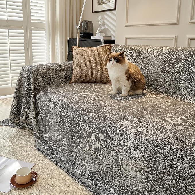 DREAMINGO Couch Cover - Geometric Jacquard, Dark Grey, Boho Vintage 3 Cushion Couch Covers for Dogs Washable, Chenille Furniture Protector Sectional Sofa Slipcovers 3 Seater, XX-Large 71"x150" - Image 3