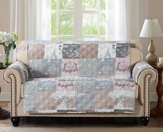 Brilliant Sunshine Latte Grey Paris & Toile Loveseat Cover, 54" seat | Non Slip Sofa Cover, Patchwork Design, Quilted Furniture Protector, Large Washable Love Seat Slipcover for Pets, Dogs & Cats - Image 3