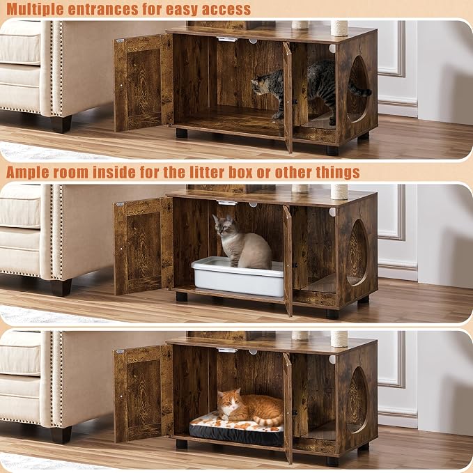 Yaheetech All-in-one Litter Box Enclosure with Cat Tree, Rustic Brown/Beige | Odor-control wooden litter box furniture w/ventilation holes, plush top perch, condo & scratching posts, easy-wipe surfaces - Image 5