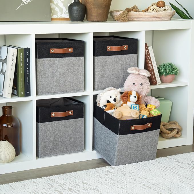 OrganiHaus 11x11 Cube Storage Bins, Set of 4 - Fabric Storage Cubes | Sturdy, holds its shape; odor-free; fits ClosetMaid 11-inch shelves; vegan leather handles - Image 3