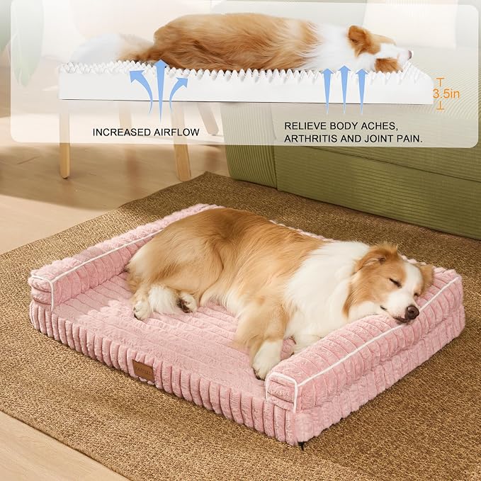 Orthopedic Calming Large Dog Bed Pet Sofa Bed 42''X28'' Pink | 3-Sided Pet Couch Large Sized Dog, Soft Egg-Crate Foam Dog Mat, Waterproof Removable Washable Cover, Nonskid Bottom Cat Bed - Image 5