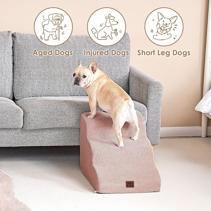 EHEYCIGA Curved Dog Stairs Ramp for Small Dogs 15.7" H, 3-Step Dog Steps for Couch Sofa and Chair, Pet Stairs for Cats, Non-Slip Balanced Pet Steps Indoor, Dusty Pink - Image 4