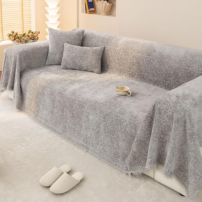 Luxury Grey Soft Durable Chenille Couch Cover for All Shape Sofa Couch Sofa-Bed Slub Furniture Protector Machine Washable, Solid Gray Sofa Slipcover for Dog Pet Kid Large 71x118’’ | for All Shape Sofa Couch, Slub Furniture Protector Machine Washable, G... - Image 7