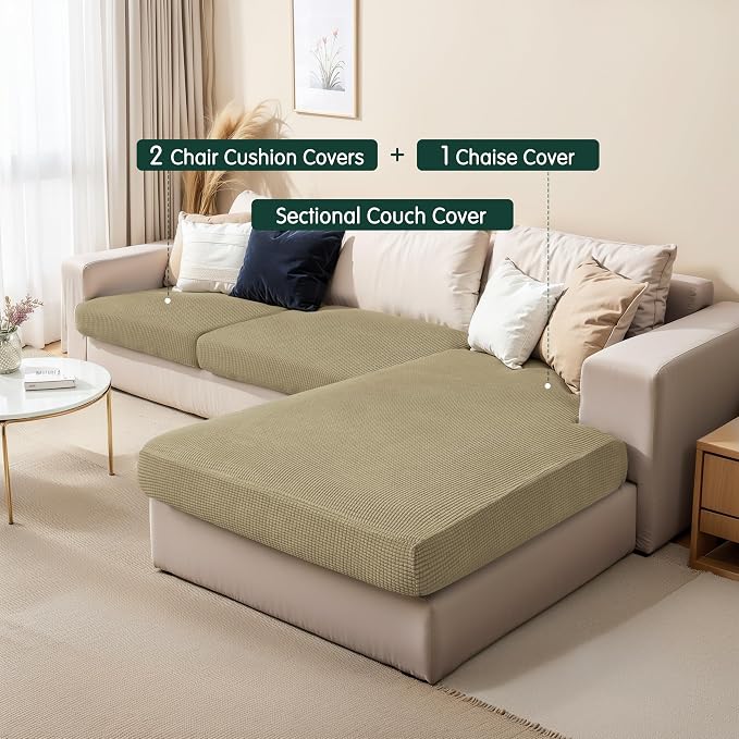 CHUN YI Stretch Sectional Couch Covers 1 Piece Chaise Lounge Slipcover L Shape Separate Cushion, Chaise Couch Cover for Both Left/Right Sectional Couch (Chaise Cover, Khaki) - Image 2