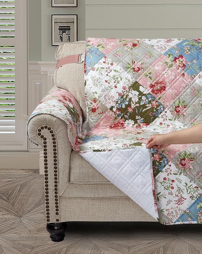 Brilliant Sunshine Peach and Olive Flowers Couch Cover, 78" seat | Patchwork Design, Non Slip Sofa Cover, Quilted Furniture Protector, Extra Large Washable Slipcover for Pets, Dogs & Cats - Image 3