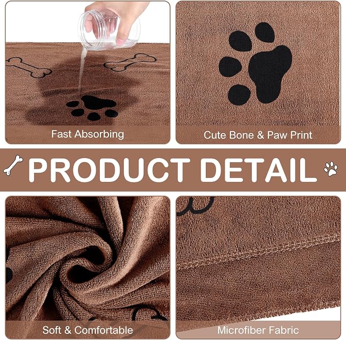 Chumia 8 Pcs Microfiber Dog Towels for Drying Dogs Cats 40 x 24 Inch Pet Towels Bulk for Large Puppy Absorbent Fast Drying Paw Bath Bathing Supplies for Pets(Dog Paw and Bone,Coffee) - Image 3