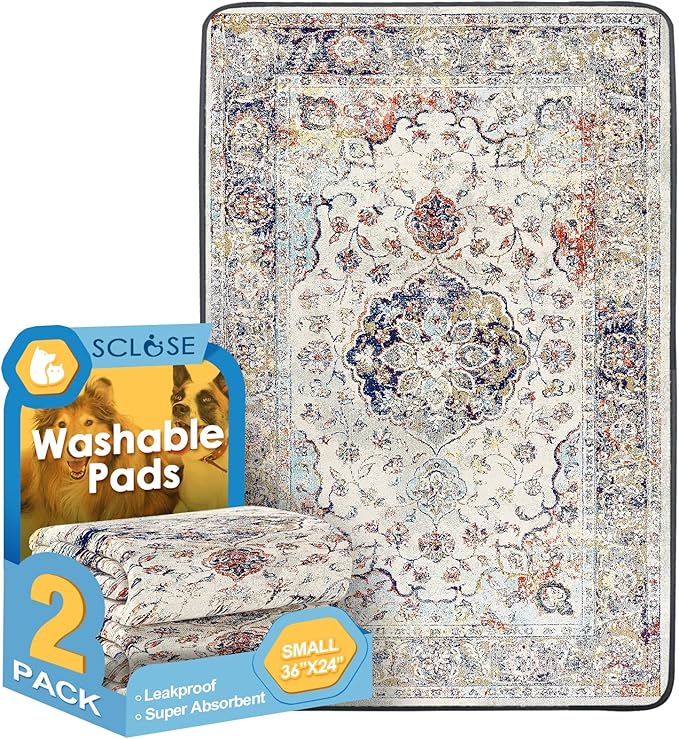 SCLOSE Washable Pee Pads for Dogs 2 Pack, 36" x 24" Reusable Puppy Pads Waterproof, Super Absorbent Dog Rugs, Leakproof, Dog Crate Pad, Playpen Mat, Whelping Pads, Vintage Medallion by SCLOSE