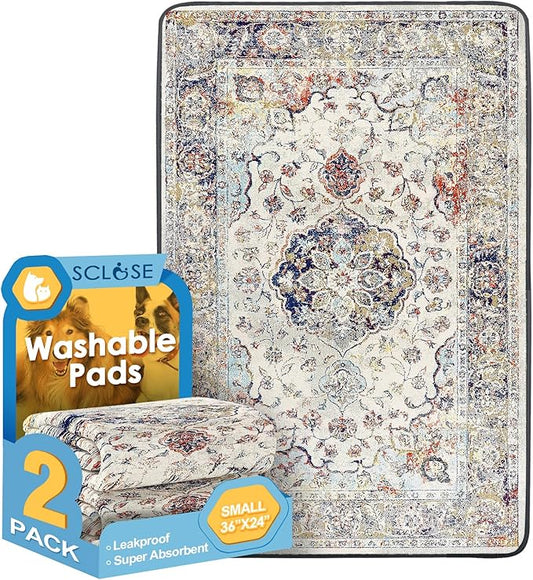 SCLOSE Washable Pee Pads for Dogs 2 Pack, 36" x 24" Reusable Puppy Pads Waterproof, Super Absorbent Dog Rugs, Leakproof, Dog Crate Pad, Playpen Mat, Whelping Pads, Vintage Medallion by SCLOSE