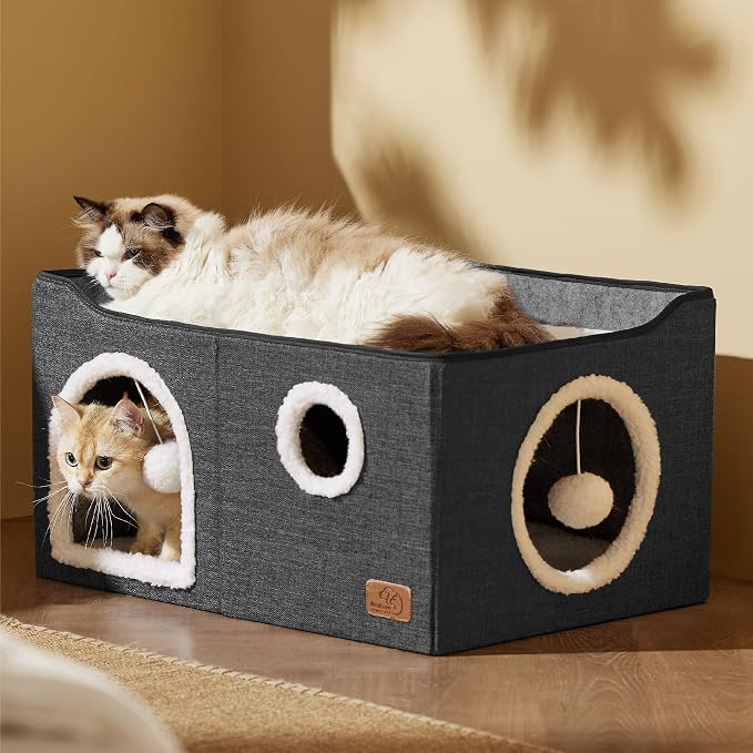 Bedsure Extra Wide Cat House Bed with Fluffy Ball and Scratch Pad | Dark Grey 23.6x16.9x13 in,Indoor Cat Cave for Multiple Pets, Foldable Cat Hideway Cube for Sleeping Large Cat and Kitten - Image 8