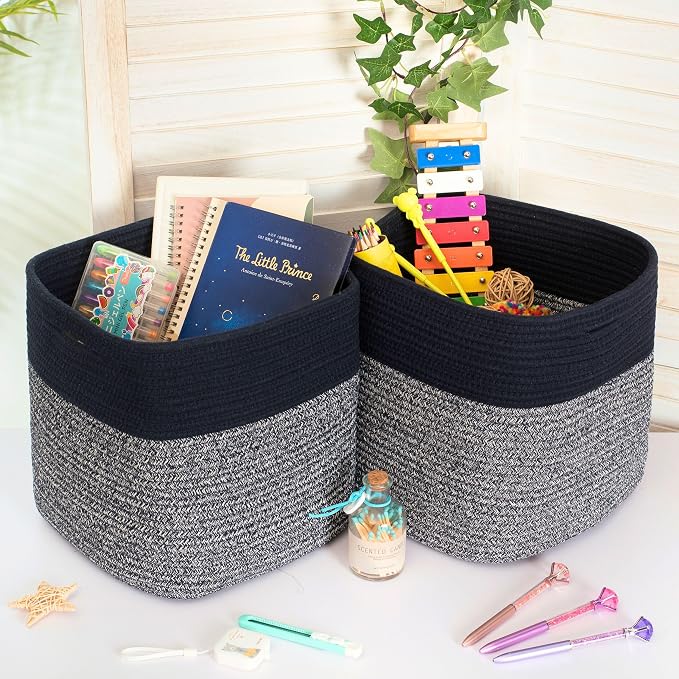 MINTWOOD Design 3-Pack 11x11in Woven Cube Storage Bin and Shelf Baskets, Cute Decorative Square Organizer for Closet, Classroom, Bathroom, Dog and Cat Toys, and Books, Navy Blue - Image 4