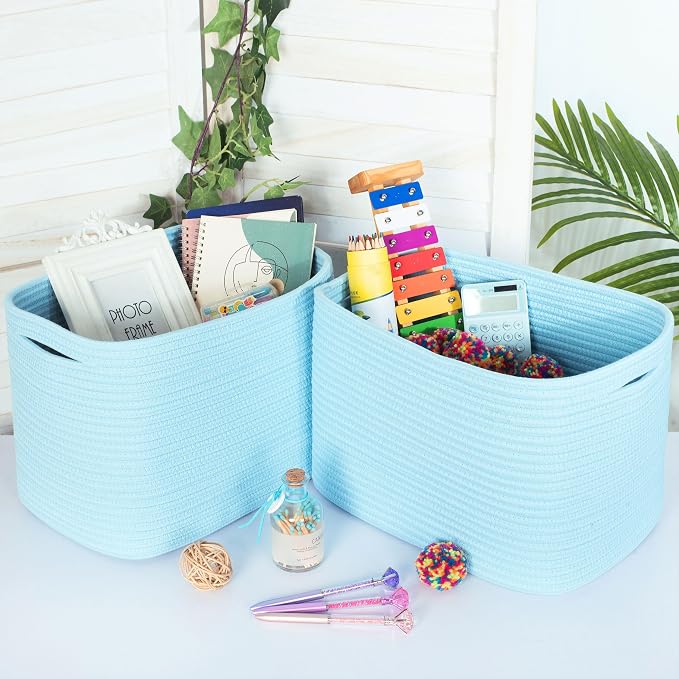 MINTWOOD Design 3-Pack Decorative Woven Storage Baskets for Shelves, Cube Bin Box for Organizing Books, Shoes, Dog Toys, Pantry Closet and Living Room Organizer, Sky Blue - Image 3