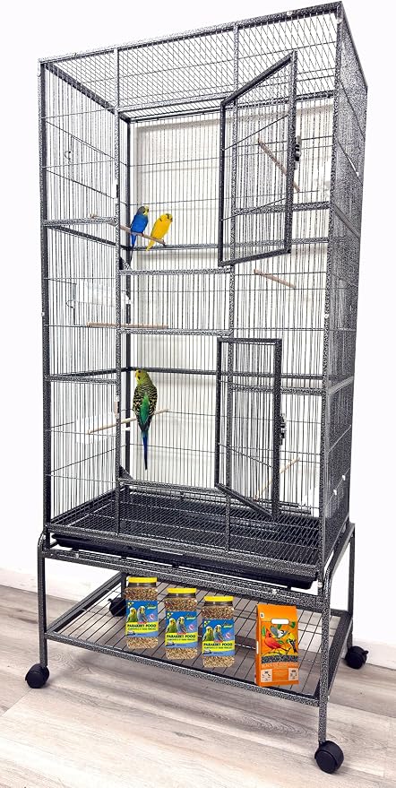 Extra Large 32" x 19" x 67.5"H Wrought Iron Tight Bar Spacing Breeding Flight Canary Parakeet Cockatiel Lovebird Finch Breeder Cage Side Doors Double Feeder Cup with Detachable Rolling Stand by Mcage