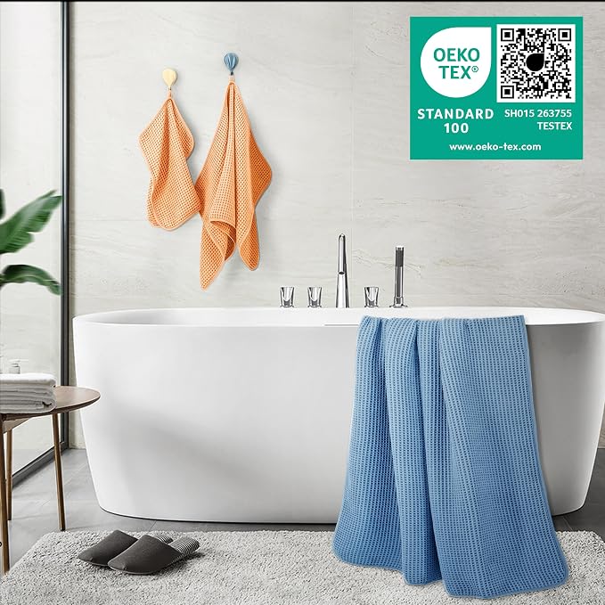 POLYTE 430 GSM Microfiber Quick Dry Lint Free Oversize Bath Towel Set, 6 Piece (Waffle Weave) - Image 3