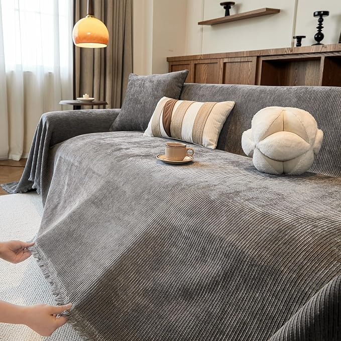 VClife Vintage Dark Gray Striped Couch Cover with Tassel, 71" X 150" | Soft Thick Chenille Couch Covers for 3 Cushion Couch Sofa, Washable Sofa Covers for Sectional Sofa, Fade & Shrink Resistant - Image 6