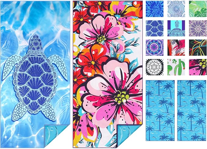 TwoYek Microfiber Beach Towel Extra Large 71x32 Turtle Floral 2 Pack | Thin & Lightweight, Sand Free, Super Absorbent & Quick Dry, Oversized Towels for Beach Bath Pool Swim Travel Essentials Gift by TwoYek