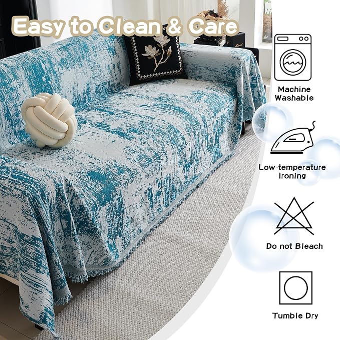 MEETSKY Boho Sofa Cover Sofa Slipcover Thick Chenille Blue Couch Cover for 3-4 Cushion Couch Sofa Reversible Universal Couch Cushion Cover XXL Sofa Protector for Dog Cat, 91"x150" - Image 8