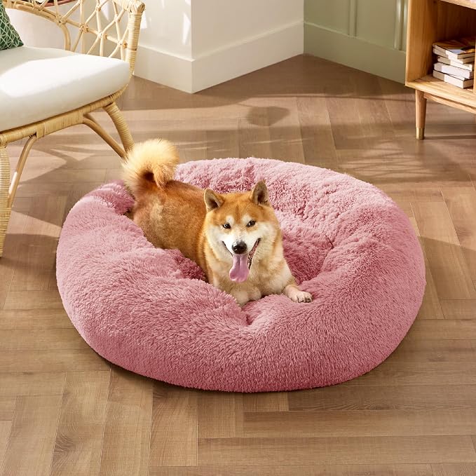 Bedsure Calming Dog Bed Medium Size Dog Donut Washable Pet Bed,30ins | Fluffy Faux Fur Round Cuddler,Machine Washable,Anti-Slip Bottom,Anti-Anxiety,Deep Sleeping for Pets Up to 45 Lbs,Mauve Blush - Image 4