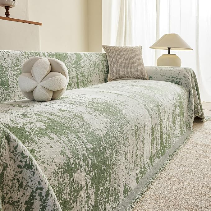 VClife Boho Couch Cover, Non Slip Soft Couch Covers for 3 Cushion Couch Sofa Pet Friendly, Irregular Vintage Green Off-White Scraped Texture Furniture Protector Sofa Slipcover for Dog, 71" X 134" - Image 8