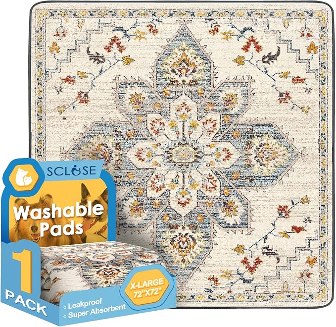 SCLOSE Washable Pee Pad for Dogs Extra Large, 72" x 72" Reusable Puppy Pads Waterproof Dog Rugs, Super Absorbent, Leakproof, Dog Crate Pad, Playpen Mat, Whelping Pads, White Medallion by SCLOSE