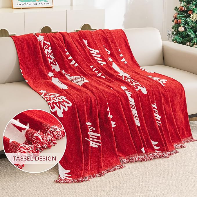 hyha Couch Cover for Dogs, Boho Chenille Sofa Cover for 3 Cushion Couch | Anti-Scratch Washable Sofa Slipcover, Loveseat Sectional Couch Blankets with Tassels (Red Christmas Tree, 88.5x134 Inch) - Image 6