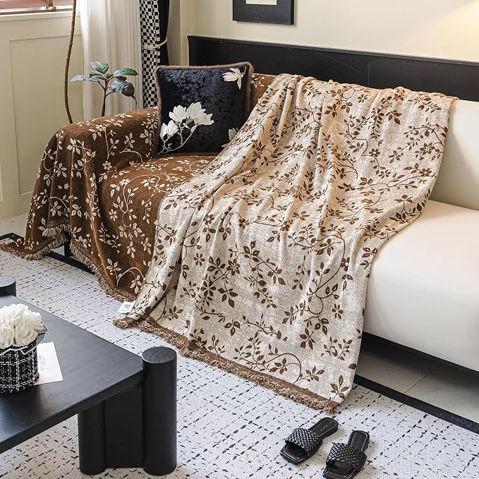 STACYPIK Soft Botanical Floral Vine Couch Cover, Brown Sofa Cover for Dogs | Thick Durable, Vintage Jacquard, Washable Reversible Sectional Protector for 3 Cushion Couch with Tassels, Multi-use-71X150IN - Image 6