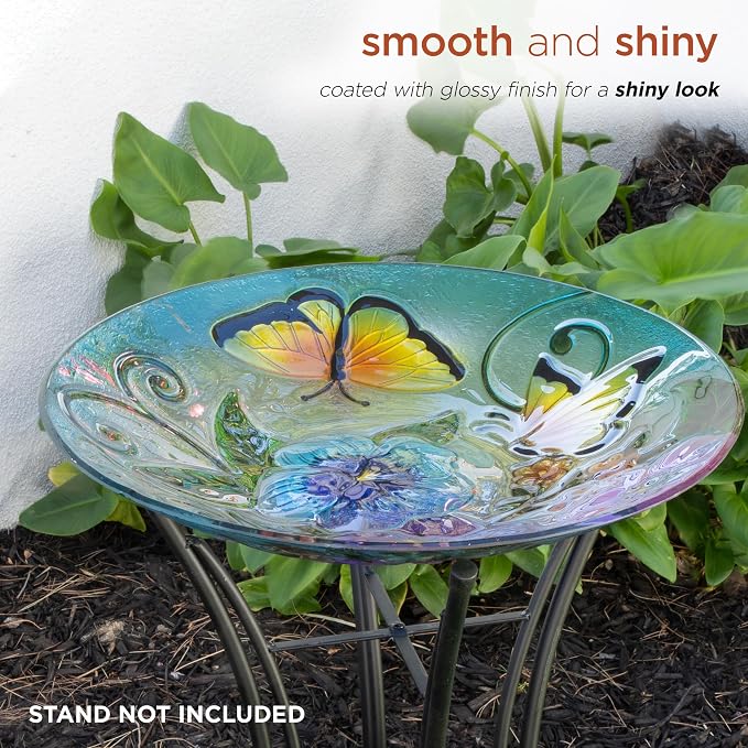 Alpine Corporation 18" Glass Birdbath Topper with Colorful Butterfly and Flowers - Image 6