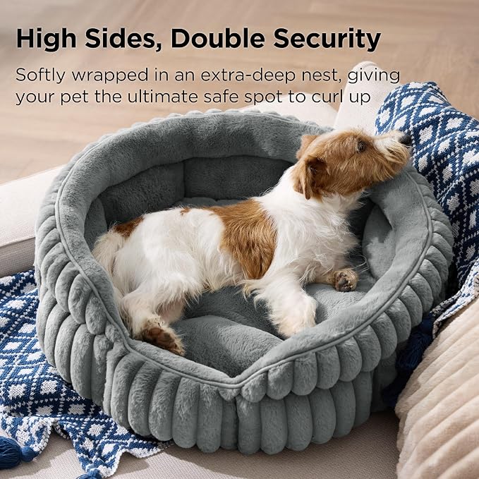 Bedsure ComfyFleece™ Washable Cute Small Medium Dog Bed,Round Pet Bed,26in | Cozy Donut Soft Fluffy Plush,Comfort Corduroy Cuddler Pet Beds,Luxury Aesthetic,Anti-Slip Bottom,Up to 30 Lbs,Warm Gray - Image 2