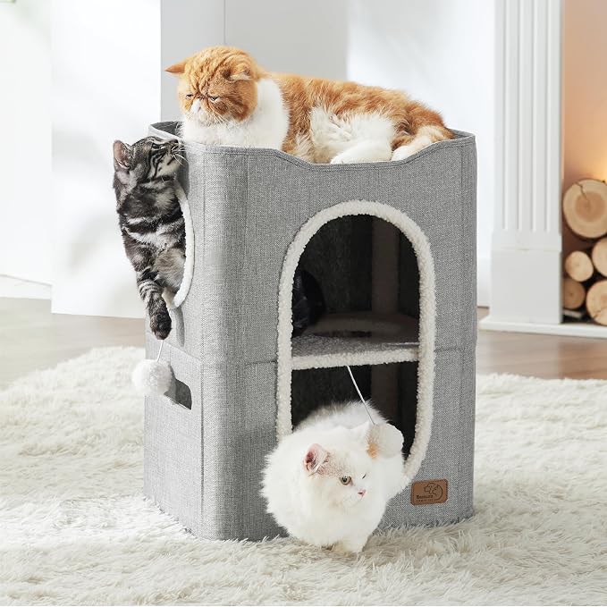 Bedsure 2 Story Cat House for Indoor Cats with Scratch Pad,18x14x23 Grey | Cat Bed Condo for Multiple Pets, With Fluffy Ball, Foldable Hideaway Pet Cave Cube for Sleeping Kitten - Image 7