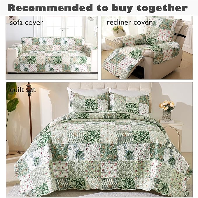 Cmfshape Skidproof Sofa Cover-Green Sofa Slipcover with Elastic Straps-Easy Fit Slip Cover-Patchwork Washable Furniture Protector for Pets and Kids(Sofa,Green) - Image 5