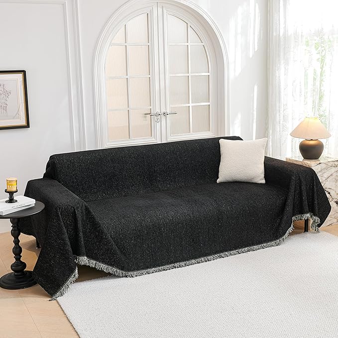 MYSKY HOME Black Chenille Sofa Slipcover Couch Covers for Sectional l Shaped Couch Pets Protector Furniture Covers Futon Cover Super Soft Washable Decorative Couch Covers for 3 Cushion, 91"x118" by MYSKYHOME