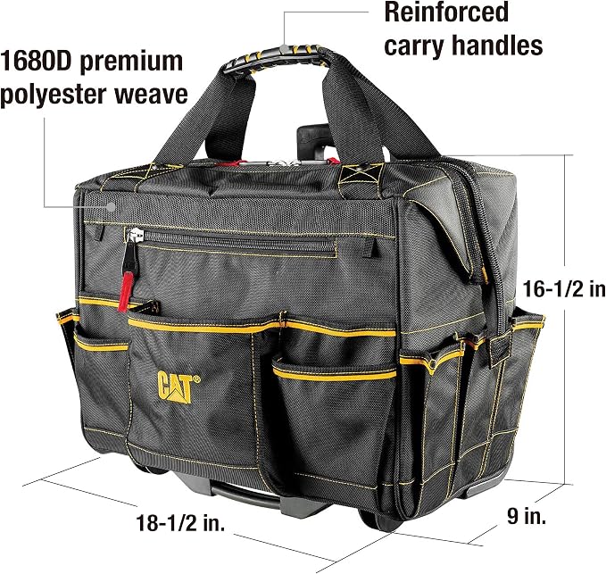Cat 18-Inch Pro Rolling Tool Bag, Heavy-Duty 1680D Polyester, Telescoping Handle, Oversized Wheels, 18 Pockets – 980198N - Image 2