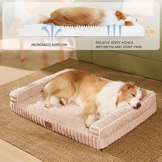 Orthopedic Calming Medium Dog Bed Pet Sofa Bed 30''X20'' Beige | 3-Sided Pet Couch Medium Size Dog, Soft Egg-Crate Foam Dog Mat, Waterproof Removable Washable Cover, Nonskid Bottom Cat Bed - Image 4