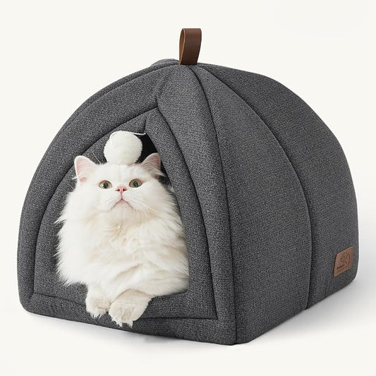 Bedsure 2in1 Cat Beds for Indoor Cats Cave for Kitten with Washable Pillow | 16in, Cat House Enclosed, Covered Cat Tent, Foldable Hideaway, Fluffy Ball, Anti Slip Bottom, Removable Cushioned ,Dark Grey by Unknown