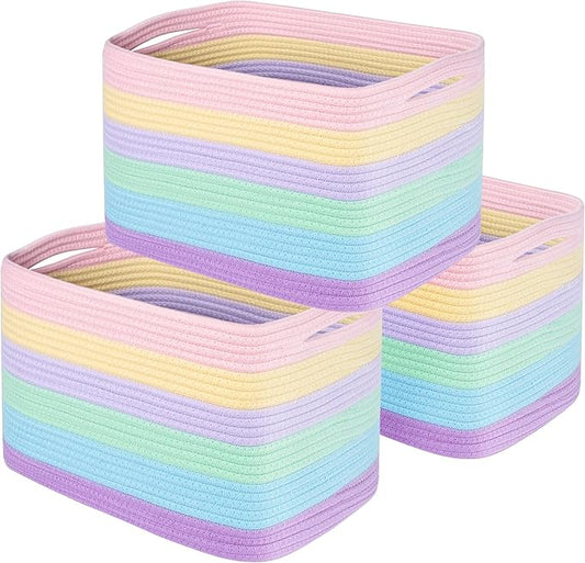 MINTWOOD Design 3-Pack Storage Baskets and Cube Bins for Shelves, Playroom and Classroom, Decorative Woven Closet Organizers for Books, Shoes, and Pantry Items, Pastel Rainbow by MINTWOODDesign