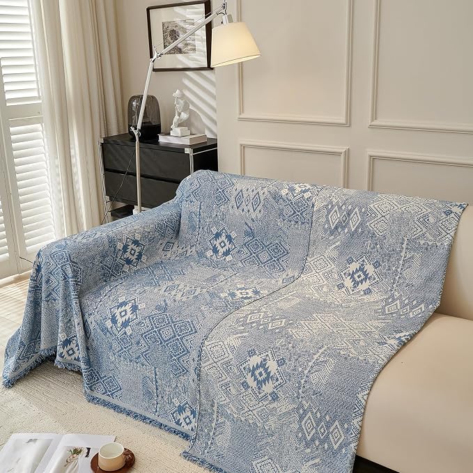 DREAMINGO Couch Covers for Sofa Boho Geometric Jacquard Vintage Sofa Covers 2 Seater Non Slip Chenille Furniture Protector for Dogs Pets Washable Sectional Couch Slipcovers, Blue, 71"x118" - Image 2