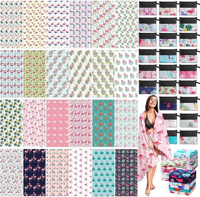 Peryiter 48 Pcs Microfiber Beach Towel with Bags Bulk, 24 Large Quick Dry Pool Towels and 24 Storage Bags, 28 x 55 Inch Flamingo Blanket for Beach Swimming Summer Party Camping Travel Women by Peryiter