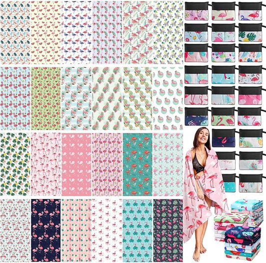 Peryiter 48 Pcs Microfiber Beach Towel with Bags Bulk, 24 Large Quick Dry Pool Towels and 24 Storage Bags, 28 x 55 Inch Flamingo Blanket for Beach Swimming Summer Party Camping Travel Women by Peryiter
