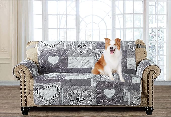 Brilliant Sunshine Grey Heartlove Patchwork Loveseat Cover, 54" seat | Non Slip Sofa Cover, Quilted Furniture Protector, Large Washable Love Seat Slipcover for Pets, Dogs & Cats by BrilliantSunshine