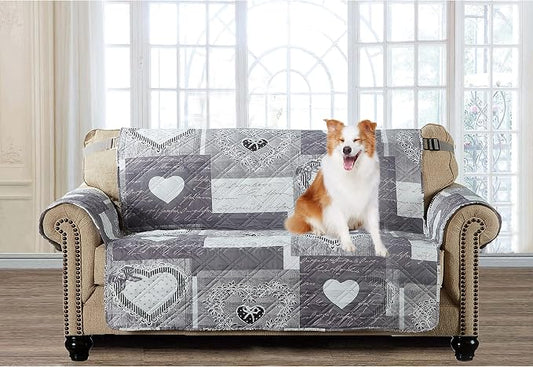 Brilliant Sunshine Grey Heartlove Patchwork Loveseat Cover, 54" seat | Non Slip Sofa Cover, Quilted Furniture Protector, Large Washable Love Seat Slipcover for Pets, Dogs & Cats by BrilliantSunshine