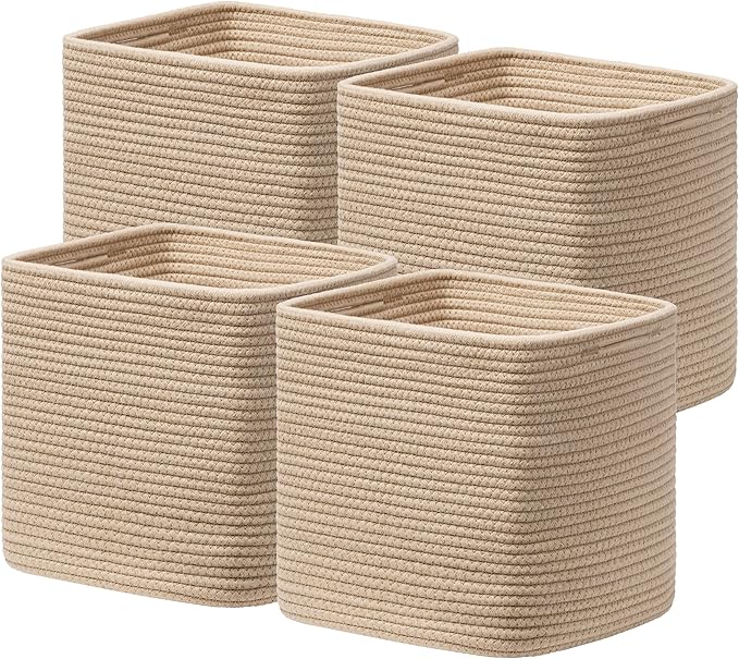 joybest 11inch Cube Storage Bins, Cotton Rope Woven Organizer Basket | Set of 4 Cube Bin Square Shelves Organizer Closet Storage, Nursery, Toy Organization, Brown by joybest