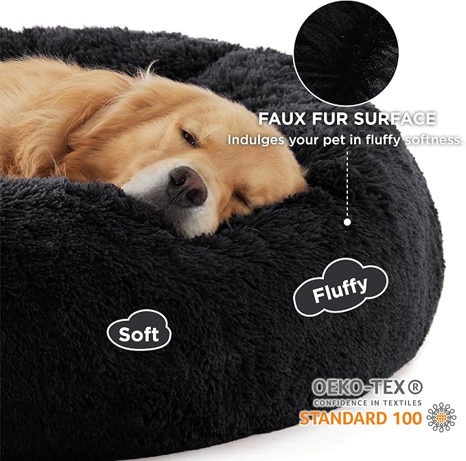 Bedsure Calming XL Dog Bed Donut Washable Extra Large Pet Bed,45ins Black | Fluffy Faux Fur Round Cuddler,Machine Washable,Anti-Slip Bottom,Anti-Anxiety,Deep Sleeping for Pets Up to 120 Lbs - Image 2