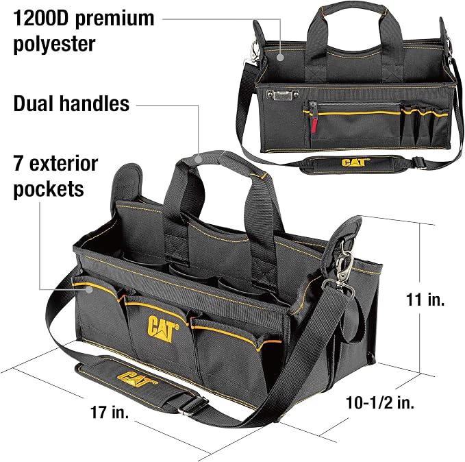 Cat 17-Inch Tech Tool Tote Bag with 20 Pockets, 2 Storage Bins for Small Parts, Dual Compartments, Shoulder Strap, and Hi-Vis Interior – Heavy-Duty 1200D Polyester - 240045 - Image 2